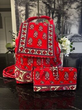Vera Bradley Original Drawstring Backpack in Paisley Goji Berry and Tab Wallet